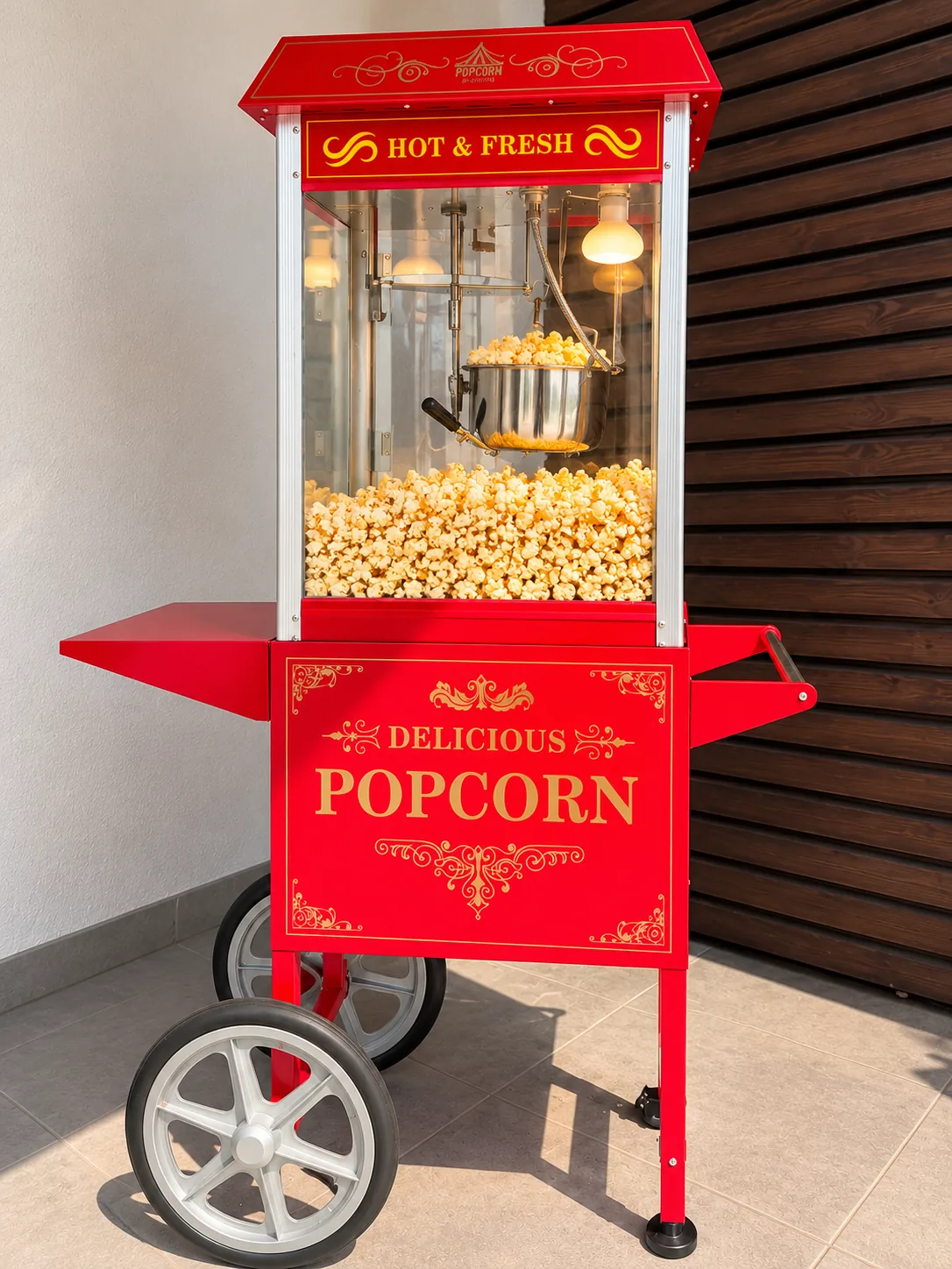 Rote Popcornmaschine mit Wagen für Feiern in Ehingen, beispielhaft mit Popcorn gefüllt